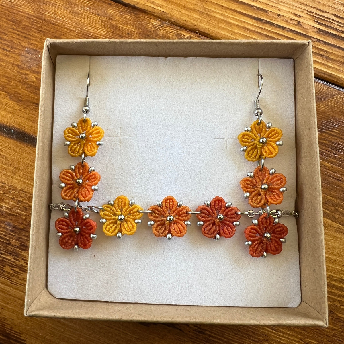 Boucles d’oreilles et bracelet  Blossom en micro-macramé aux couleurs de l’automne, trois fleurs jaune Soleil, orange clair Topaz et orange foncé, avec perles argentées, création artisanale Macram’Elo Créations.


