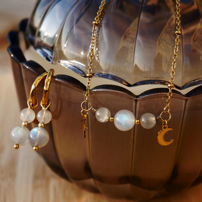 Collier et boucles d'oreilles Luna en acier inoxydable et Labradorite de Macram’Elo Créations