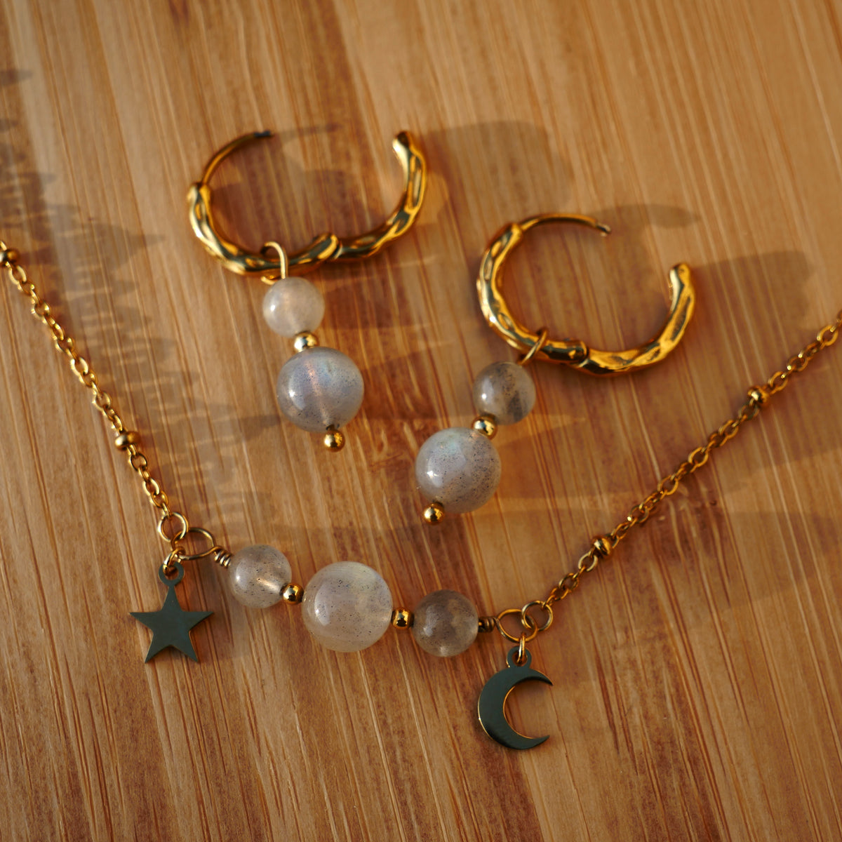 Collier et boucles d'oreilles Luna en acier inoxydable et Labradorite de Macram’Elo Créations