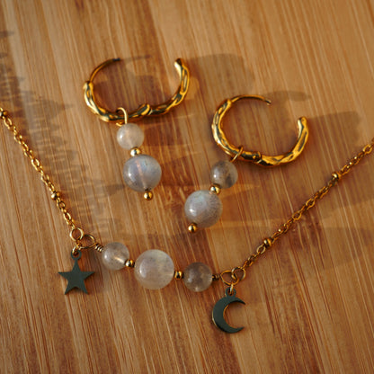Collier et boucles d'oreilles Luna en acier inoxydable et Labradorite de Macram’Elo Créations